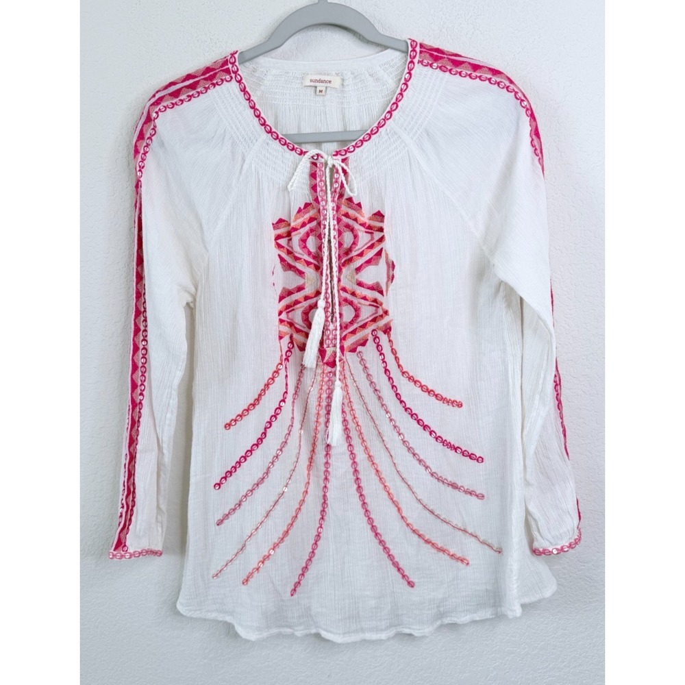 Sundance‎ Embroidered Peasant Top Women's M White Crepe Boho Tassel Tie Sequins